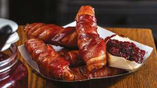 Sharp's beer | sausages in candied bacon