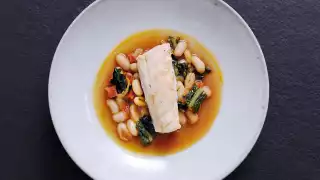 Stewed Skrei with cannellini beans and chorizo