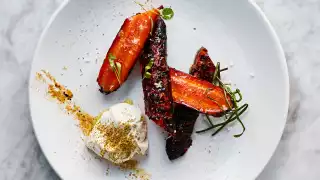 Burnt carrots, greek yoghurt and tahini with fennel pollen